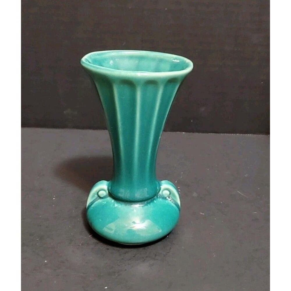 Turquoise 5.5" Vase Planter Round Base Flared Rim Decorative Handles Pottery Vtg